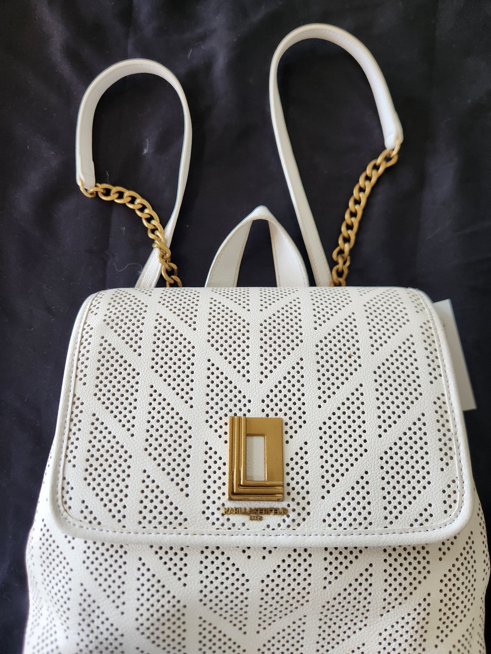 Karl Lagerfeld White Perforated Leather Backpack with Gold-Tone Hardware